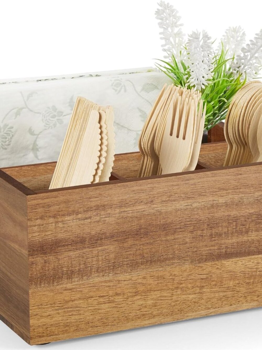 Utensil Caddy, Silverware Caddy for Party, Acacia Wood Silverware Holder, Silver